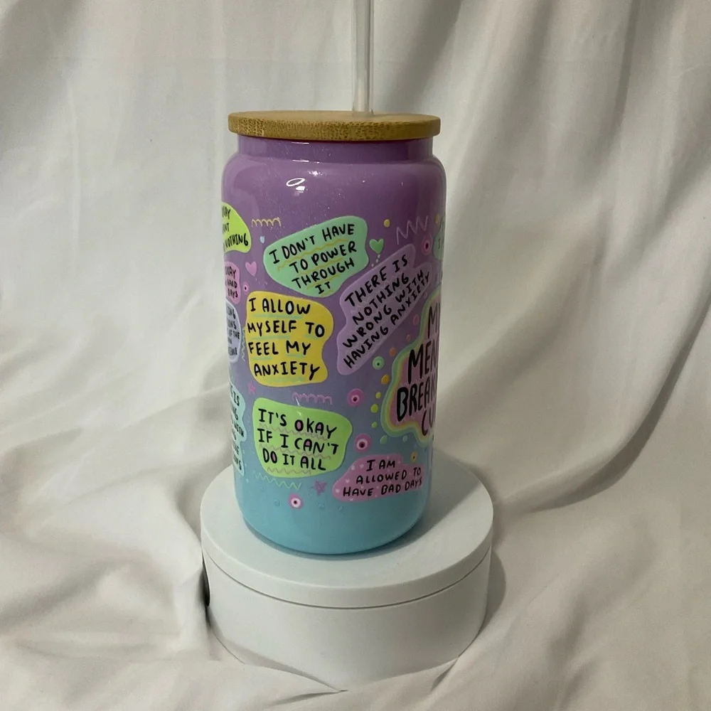 16 Ounce Handmade Shimmer Purple/Blue Glass Can Cup My Mental Breakdown Cup - Picture 3 of 6